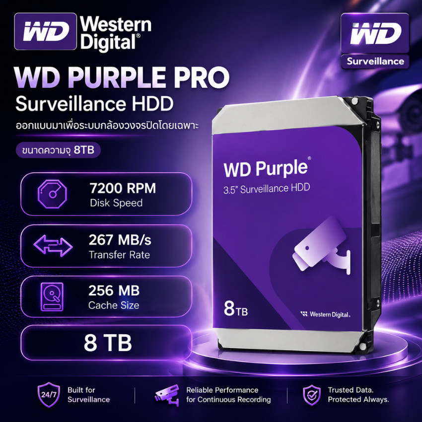 WD Purple Pro ฮาร์ดดิสก์สำหรับกล้องวงจรปิด 8TB HDD 3.5 SATA CCTV รุ่น WD8002PURP