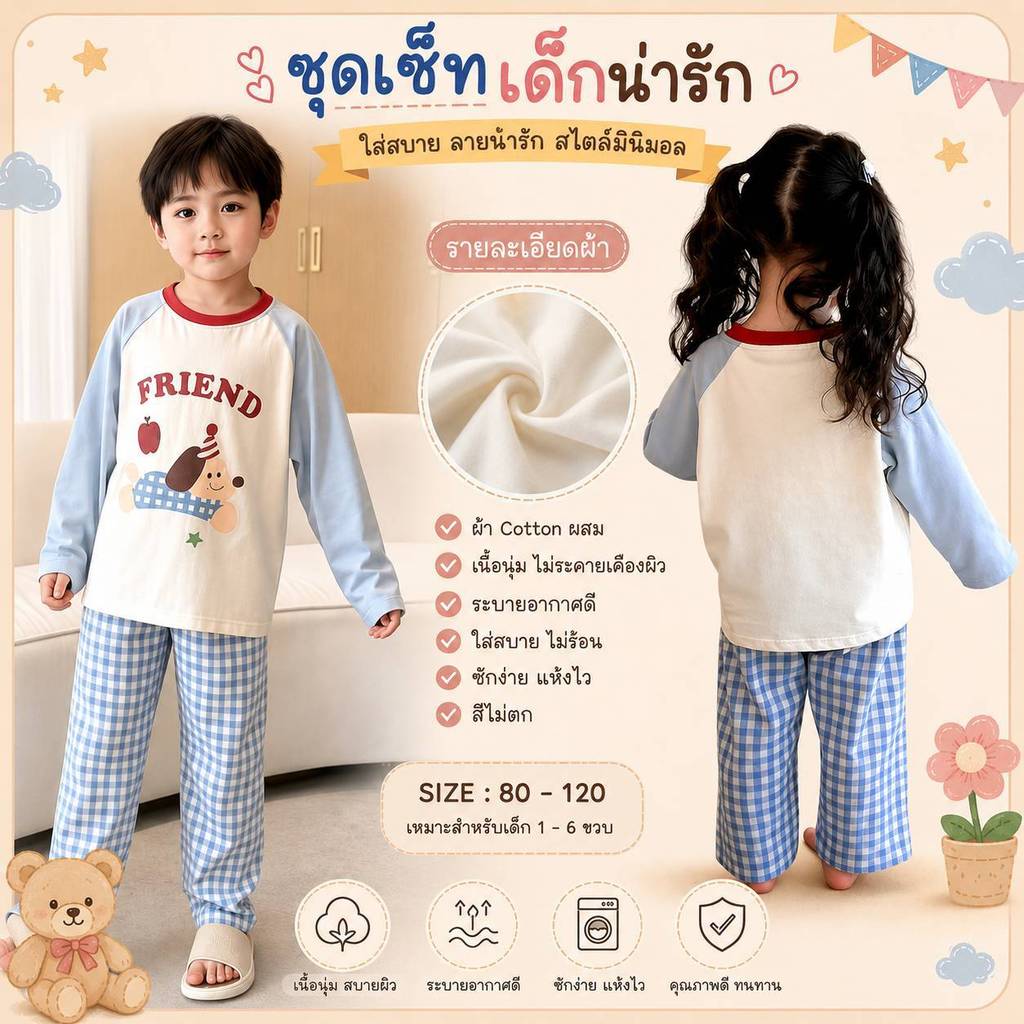 มาใหม่ ชุดเด็ก 2 ชิ้น เสื้อแขนยาว + กางเกงขายาว ตัวผ้าปราศจากสารเรืองแสง เหมาะสำหรับเด็กๆค่ะ