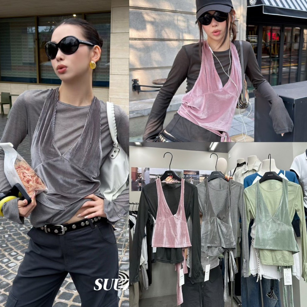 SU552 Velvet Layered Top Set รุ่นนี้มาเป็นเซ็ต 2 ชิ้น เสื้อตัวในแขนยาวทรงเข้ารูป แฟชั่นเกาหลี TAG MM Fish