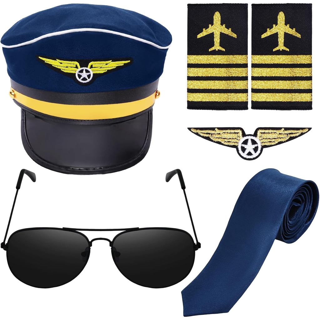 Airline Pilot Captain Hat Pilot เครื่องแต่งกายอุปกรณ์เสริมพร้อมแว่นกันแดด Aviator Dressing Up อุปกรณ