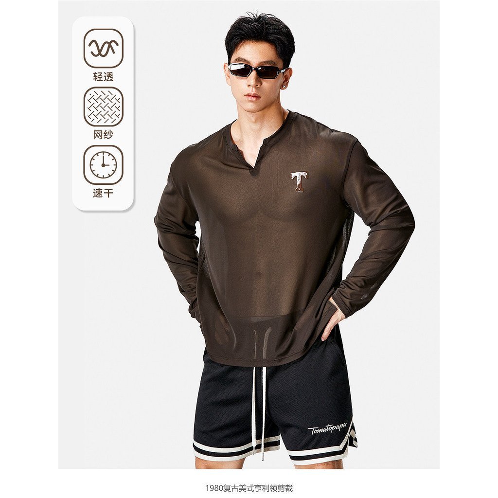 เสื้อยืดผู้ชาย TOMATOPAPA คอเฮนลีย์แขนยาว บางเบาผ้าโปร่งตาข่าย แห้งไวกันUV ใส่ออกกำลังกาย — صورة 2