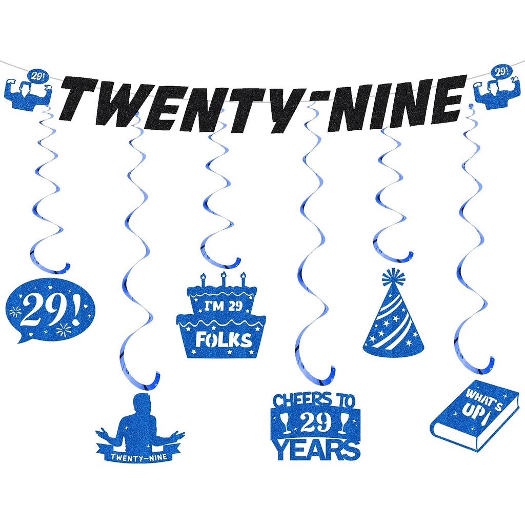 29th Birthday Decorative Banner for Men - Pre-Strung Black Blue Glitter Twenty-Nine ตกแต่งแบนเนอร์แข