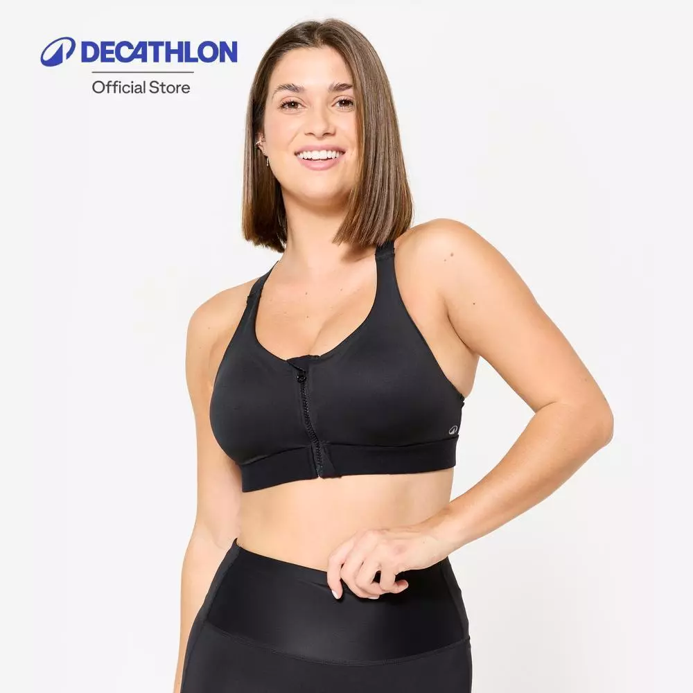 Decathlon Women'S High Support Zipped Sports Bra With Cups สปอร์ตบราแบบมีซิปสำหรับคาร์ดิโอ รุ่น 900 - Black