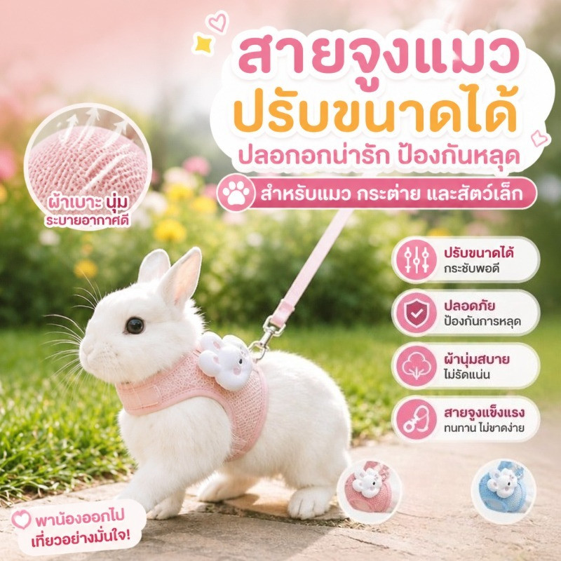 สายจูงกระต่าย สายรัดอกกระต่าย ตาข่ายระบายอากาศ ปรับได้ กันหลุด พร้อมเชือกลาก ตุ๊กตาน่ารัก
