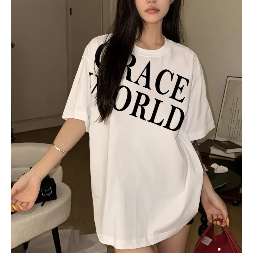 La La Da เสื้อยืด Oversize เสื้อ "GRACE WORLD" t shirt คอกลม เสื้อยืดผ้าฝ้าย โคตรนุ่ม แฟชั่น แขนสั้น