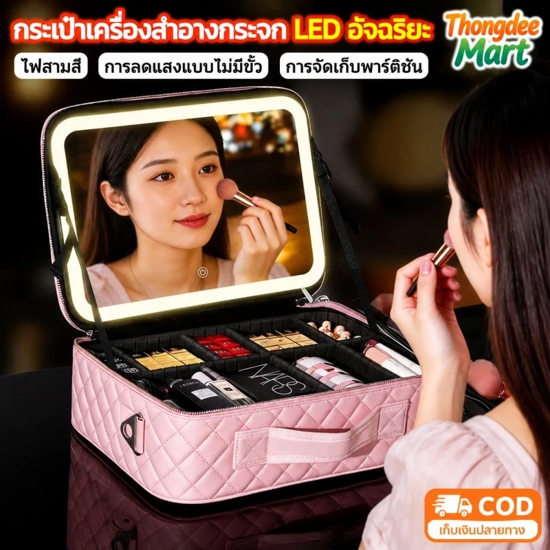 มีไฟ LED กระเป๋าเครื่องสำอาง พร้อมกระจก ปรับได้ 3 โหมดแสง กระเป๋าใส่เครื่องสำอางค์ makeup กระเป๋าแต่งหน้า กันฝุ่น กันน้ำ