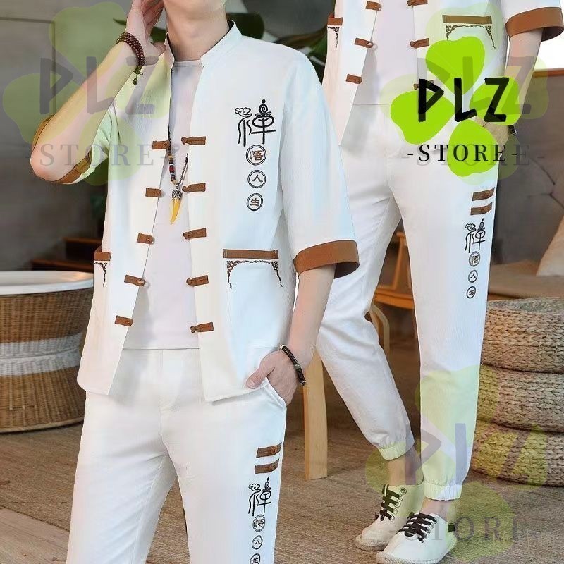 男 Dang 2027 CNY ชุดสูทฤดูร้อนสไตล์เสื้อสเวตเตอร์ถักผู้ชายแขนสั้น Stand-Up Collar Suit Tang Suit Tang