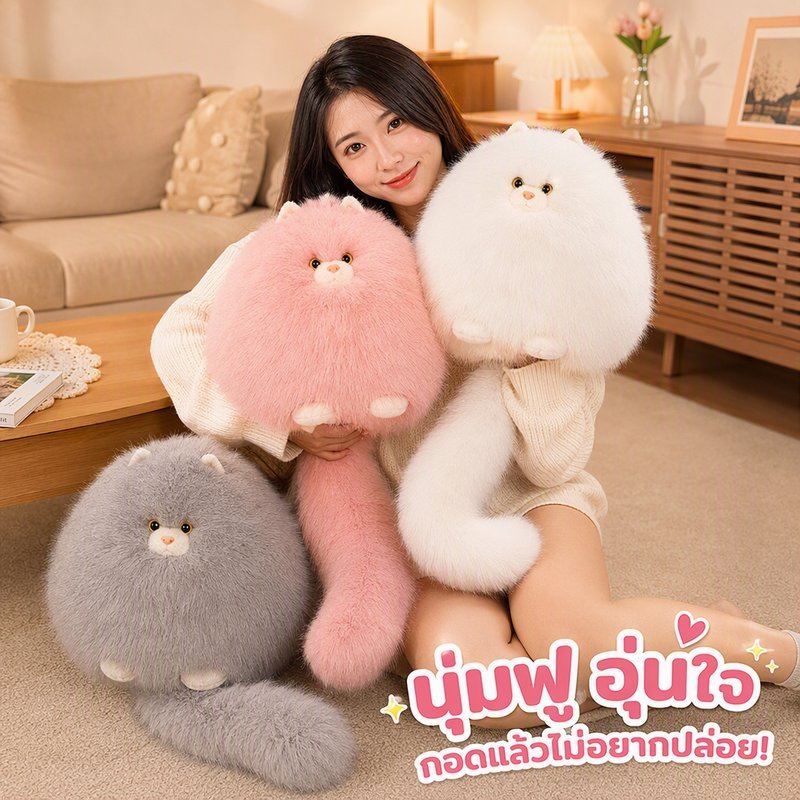 ตุ๊กตาแมวนุ่ม ขนยาว ไส้ PP เด้งคืนรูป ตุ๊กตากอดนอน ของขวัญวันเกิด ตกแต่งห้อง ขนาด 70 เซน