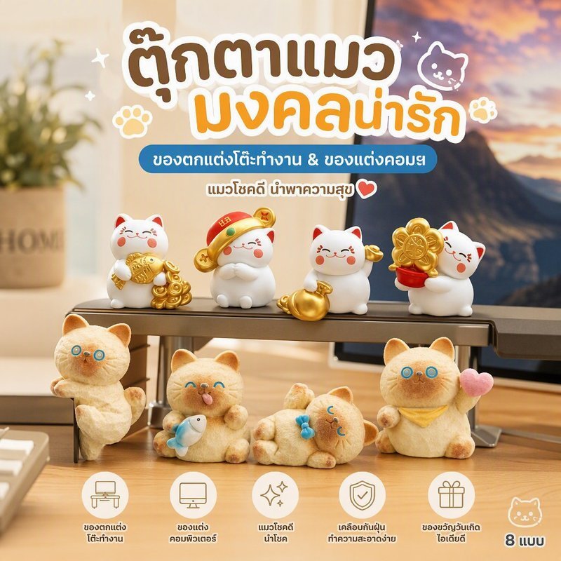 ของตกแต่งโต๊ะทำงาน ของแต่งคอมพิวเตอร์ แมวโชคดี เคลือบขนฝุ่น ขนาดเล็ก วัสดุเรซิ่น ของขวัญวันเกิดไอเดียดี