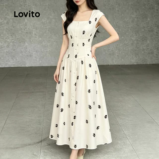 (New Arrival) Lovito เดรสสีน้ําเงินเข้มสําหรับผู้หญิง ลายแพทเทิร์นสวยหรู กระดุมหน้า เหมาะสําหรับฤดูใบไม้ผลิ/ฤดูร้อน LBL36139