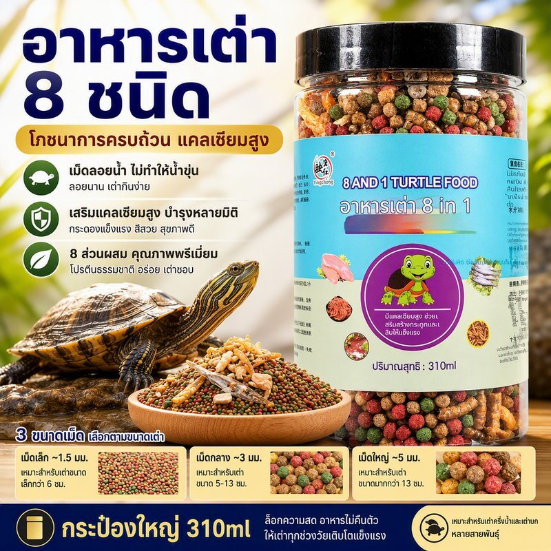 อาหารเต่า สูตร 8 in 1 แคลเซียมสูง เม็ดลอยน้ำ อาหารเต่าน้ำ เต่าครึ่งน้ำ เต่าเลี้ยงในบ้าน