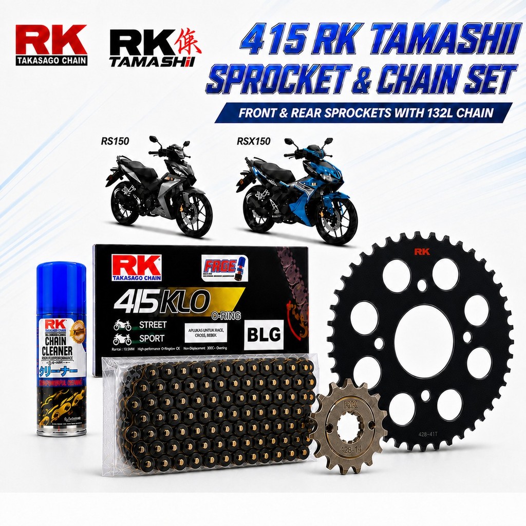 [ RS150 RSX150 ] 415 ชุดด้านหน้าและด้านหลัง RK Tamashii Sprocket & RK 415 BLACK GOLD (BLG) โซ่ 132L