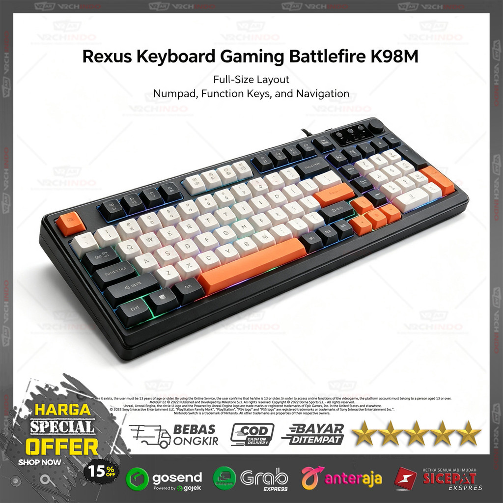 คีย์บอร์ดเกมมิ่ง / คีย์บอร์ด RGB / Membrane Rexus K98M แท็บเล็ตพีซี USB 98 คีย์คุณภาพสูง