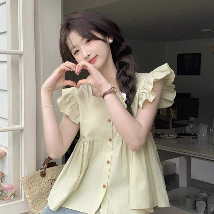 Mint Mambo เสื้อสีเขียวสําหรับผู้หญิงฤดูร้อนสไตล์ฝรั่งเศส Chic Ruched Babydoll เสื้อเชิ้ตเสื้อแขนสั้