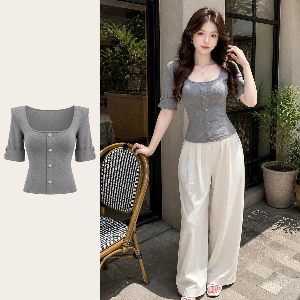 เสื้อยืดปุ่มคอสี่เหลี่ยมผู้หญิงs Luxe, Slim-Fit Elbow-Sleeve Summer Top