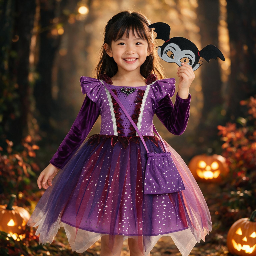 Sparkly Purple Witch‐Inspired Tulle Tutu Dress with Bat Decorative, Long-Sleeve Velvet Costume Set, 