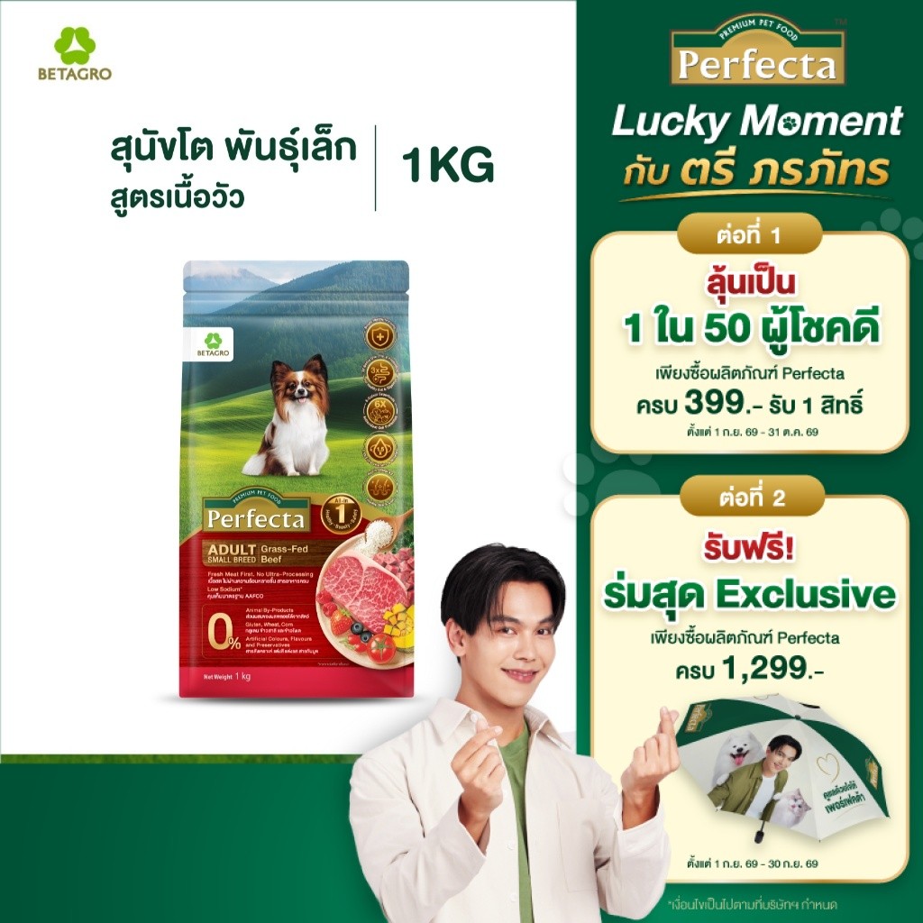 Perfecta อาหารสุนัข เกรดพรีเมี่ยม สุนัขโต พันธุ์เล็ก 1 ปี ขึ้นไป สูตรเนื้อ เนื้อสดแท้ Human grade ขนาด 1 กก.