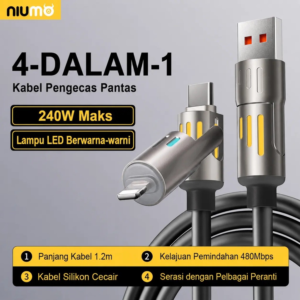 สายชาร์จ NIUMO-USB Type-C ฟังก์ชั่น 4-in-1 รองรับการชาร์จเร็วสูงสุด 240W ผลิตจากของเหลวและอลูมิเนียม
