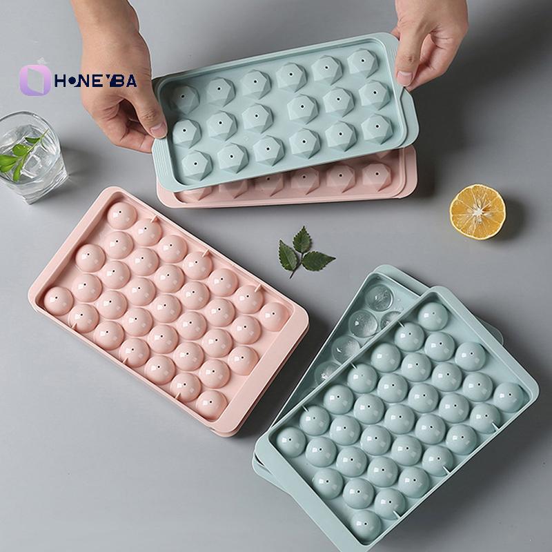 <Honeyby> 1Pc 3D รอบถาดน้ําแข็งพร้อมฝาปิดพลาสติกเพชรทรงกลมสไตล์แม่พิมพ์น้ําแข็ง DIY Mould Ice Ball Maker เครื่องมือห้องครัว Nice