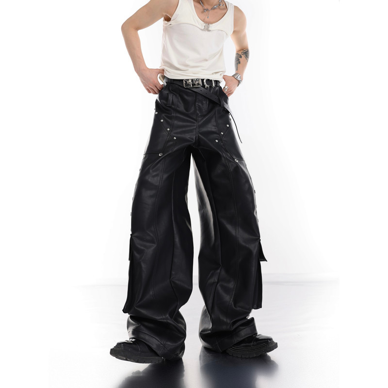 American Fashion Overalls Leather Pants Men Wide-Leg Pants Men