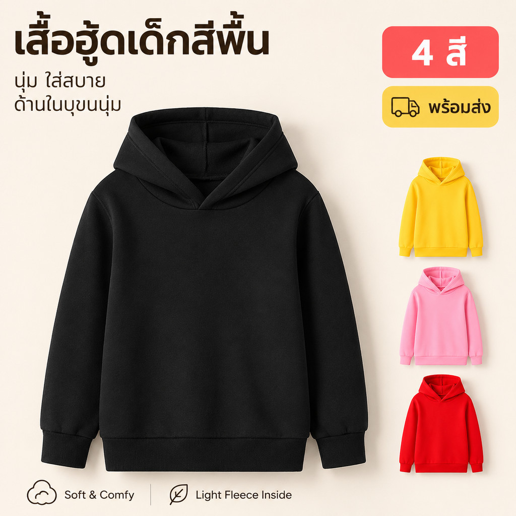 เสื้อกันหนาวเด็ก เสื้อฮู้ดเด็ก เด็กผู้ชาย เด็กผู้หญิง Unisex สีพื้น ผ้าสำลีบุขนนุ่ม ใส่สบาย 120-150 พร้อมส่งจากไทย