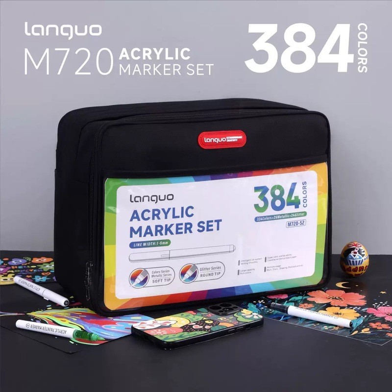 Languo 384 สีตรง Liquid Acrylic Marker กระเป๋าผ้าสีดําสามารถ Diagonal Art Brush m