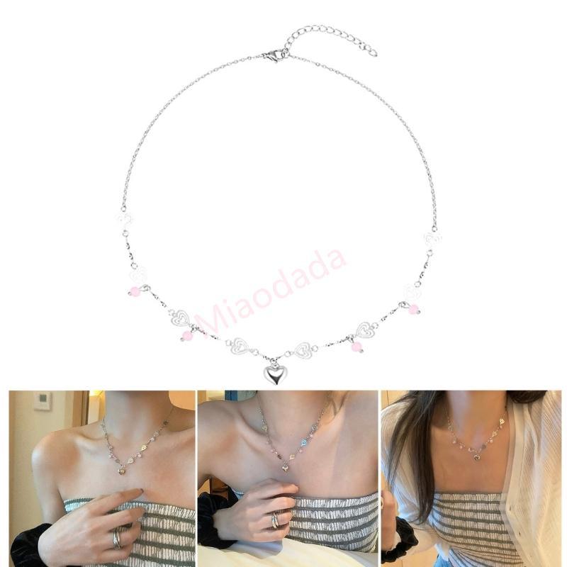 MDD สร้อยคอจี้หัวใจคริสตัลสีชมพูหรูหราคอเค้นคอโซ่คอ