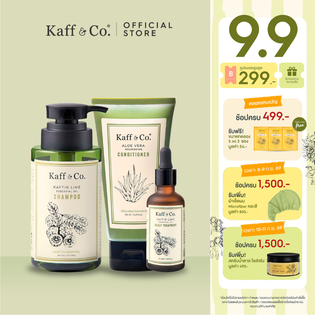 Kaff & Co. 3 Steps Routine ดูแลหนังศีรษะแห้ง คัน รังแค ตุ่มอักเสบ แชมพูมะกรูด &ครีมนวดว่านหางจระเข้ & ทรีทเม้นท์มะกรูด