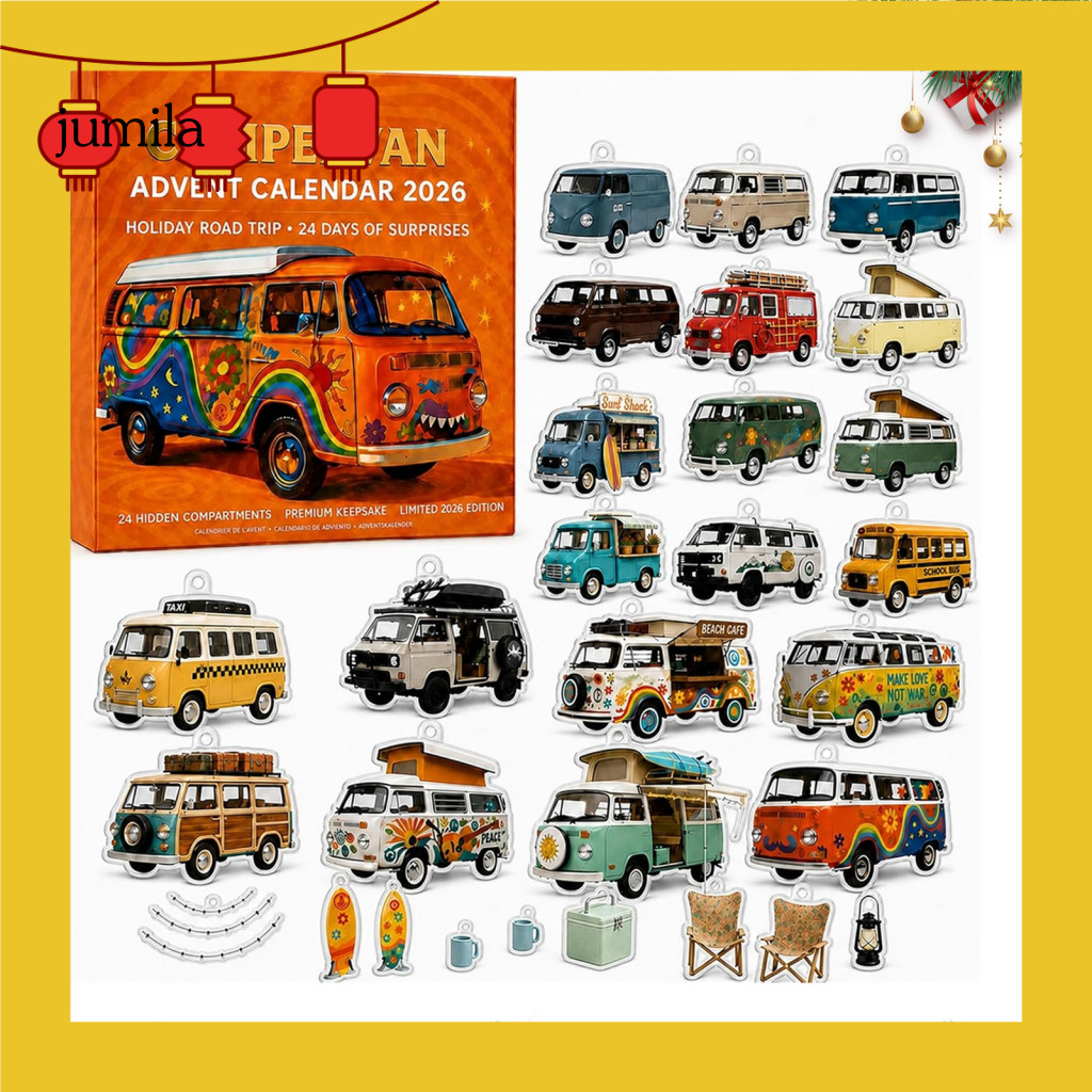[JU] Camping Van เครื่องประดับคริสต์มาสจุติปฏิทิน 24 วัน Camping Van Advent ปฏิทิน Retro อะคริลิคแขว