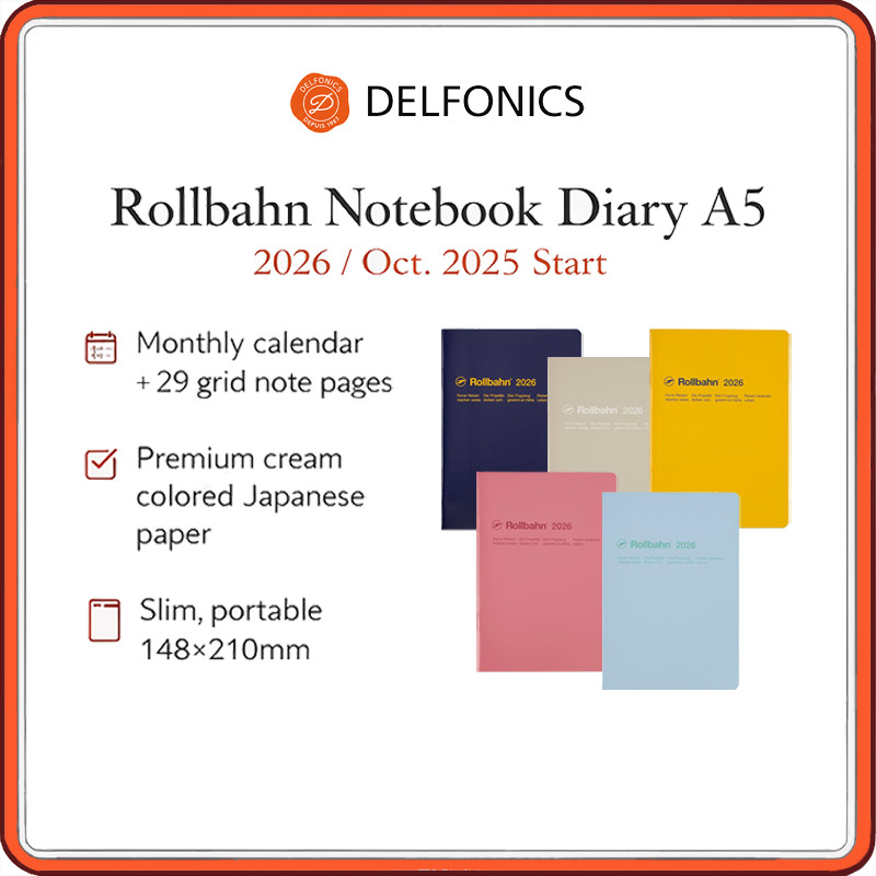 Delfonics Rollbahn Notebook Diary A5 Monthly Planner 2026 (Oct 2025 Start) – Slim Schedule Book with