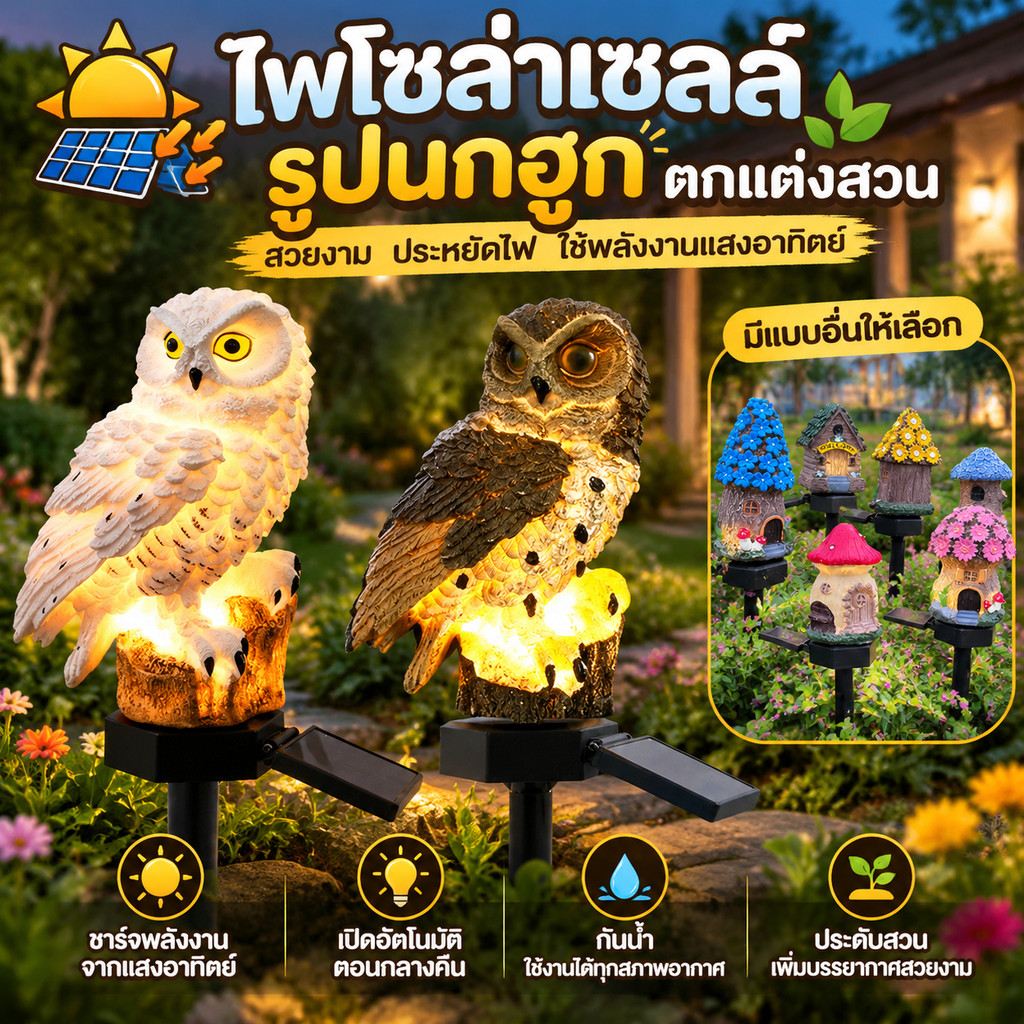 🦉ไฟโซล่าเซลล์รูปนกฮูก LED กันน้ำ 100% ไฟปักสนาม ให้แสงนุ่มนวล ประหยัดพลังงาน ตกแต่งสวน สนามหญ้า รั้วบ้าน กลางแจ้ง