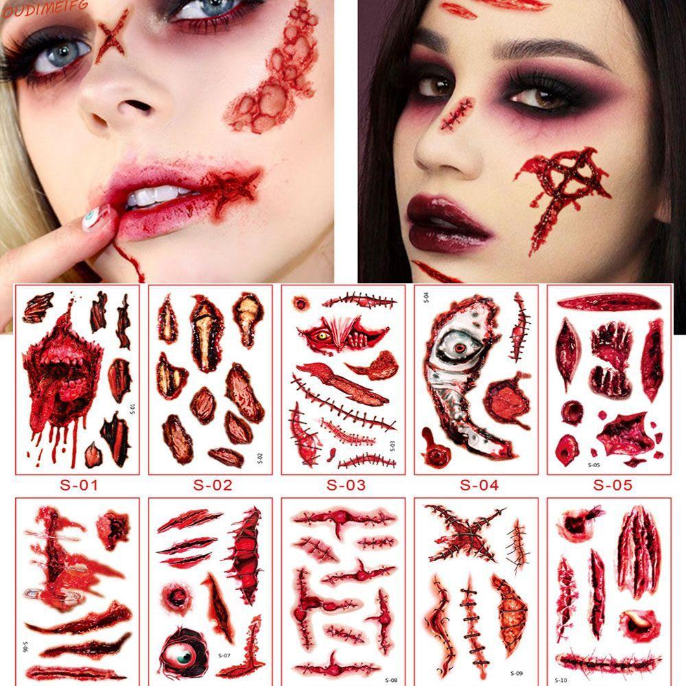 OUDIMEIFG Bloody Wound Tattoos น่ากลัว 10 ชิ้นปลอม Tattoo ชั่วคราวกันน้ํารอยแผลเป็น Tattoos
