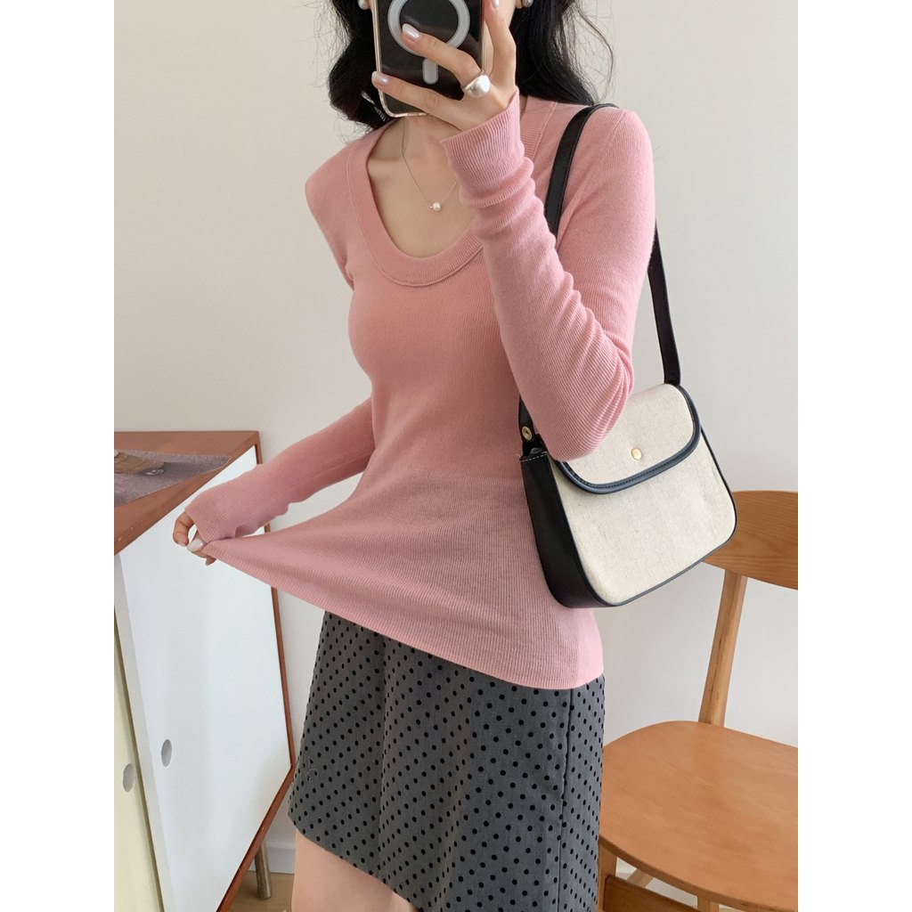 Super Soft เสื้อกันหนาวฤดูใบไม้ร่วงฤดูหนาวแขนยาว U-คอ Bottoming เสื้อผู้หญิงPullover Classy Slimmer 