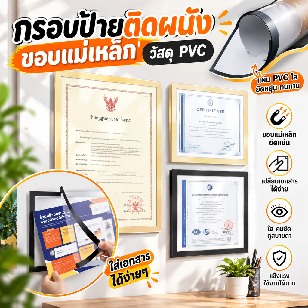 ป้ายติดผนัง กรอบป้ายประกาศติดผนัง ขอบแม่เหล็ก ขนาด A3-A6 แบบไม่เจาะผนัง มีกาวในตัว