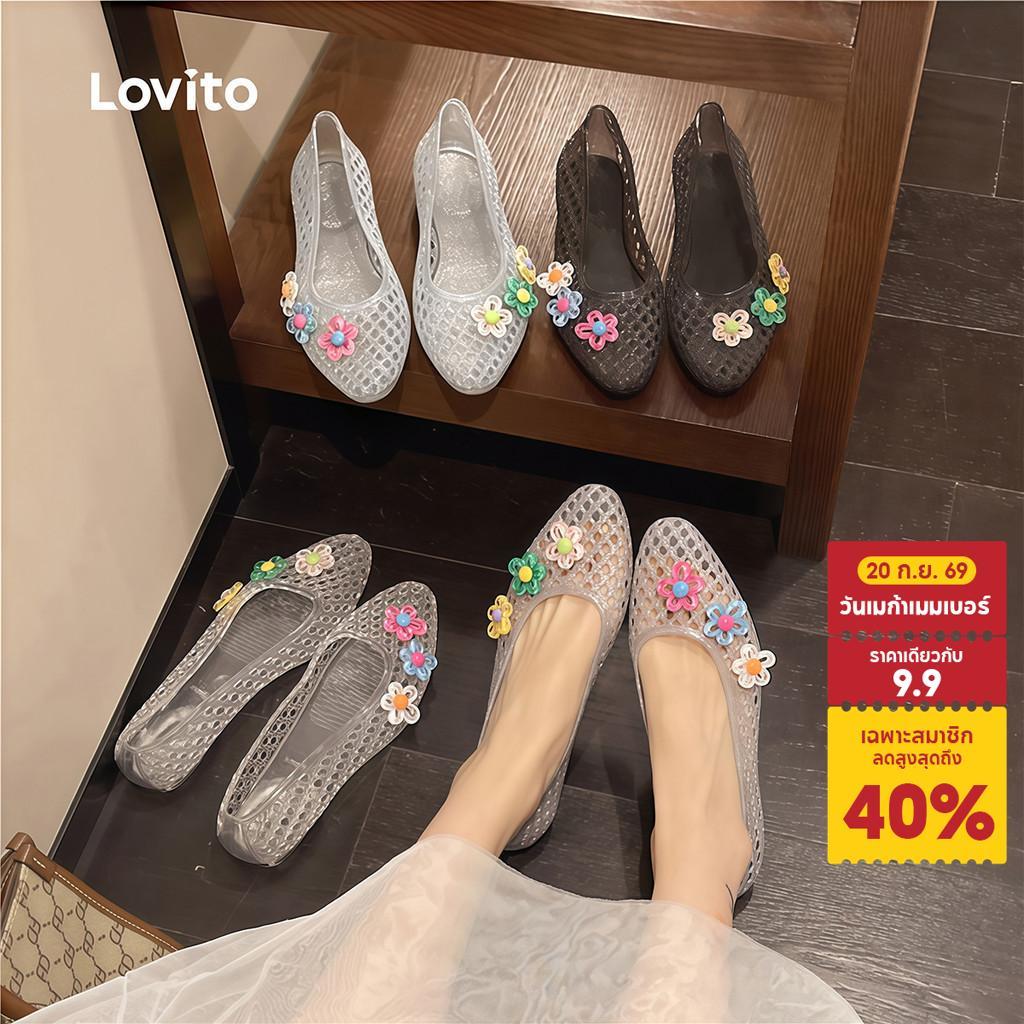 (New Arrival) Lovito รองเท้าแตะแบนสไตล์ลำลอง สไตล์โดพามีน สไตล์รีสอร์ต แฟชั่นเกาหลี รองเท้าเจลลี่กันน้ำสำหรับผู้หญิง FSFB124FX003