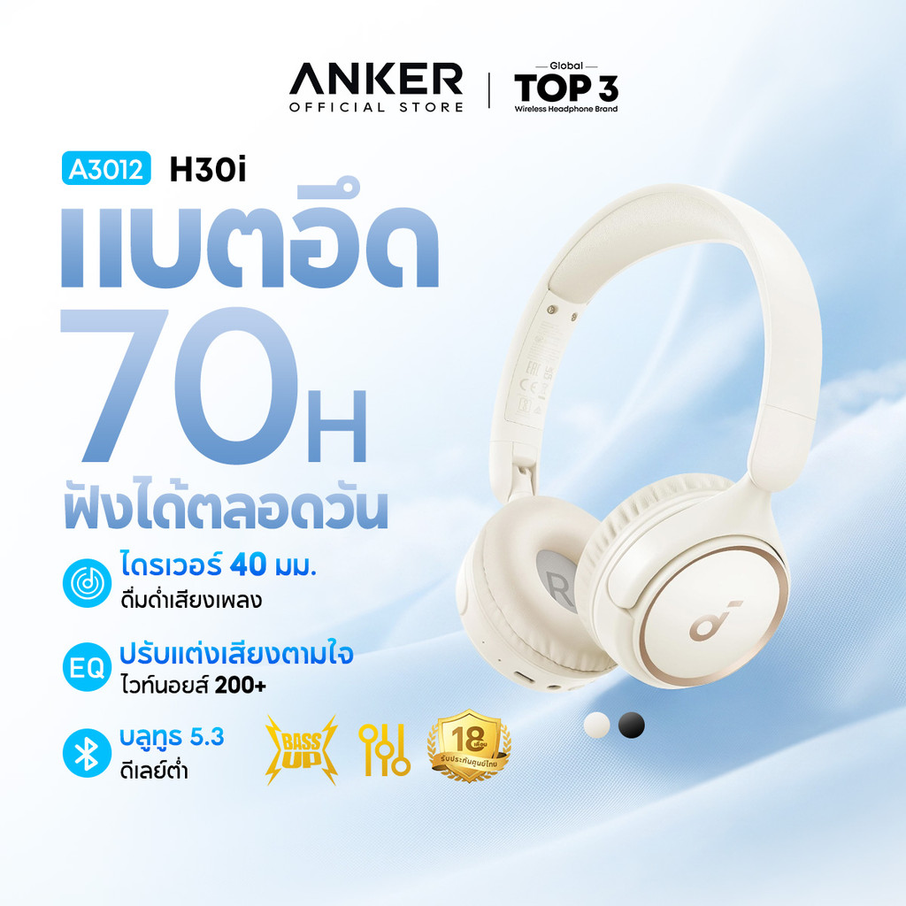 ANKER Soundcore H30i headphone หูฟังบลูทูธไร้สาย headphone Bass up หูฟังตัดเสียงรบกวน หูฟังไร้สาย คอยล์ไดนามิก 40H A3012