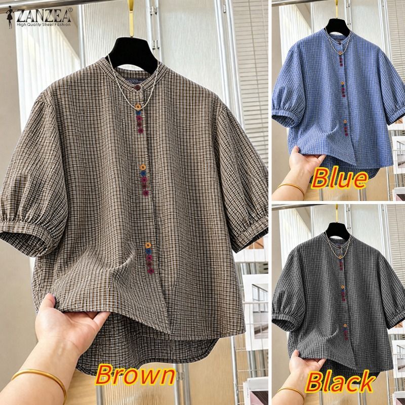 ZANZEA เสื้อเชิ้ตแขนสั้นติดกระดุมแฟชั่นเกาหลีของผู้หญิงหลวมมีสไตล์ — صورة 3