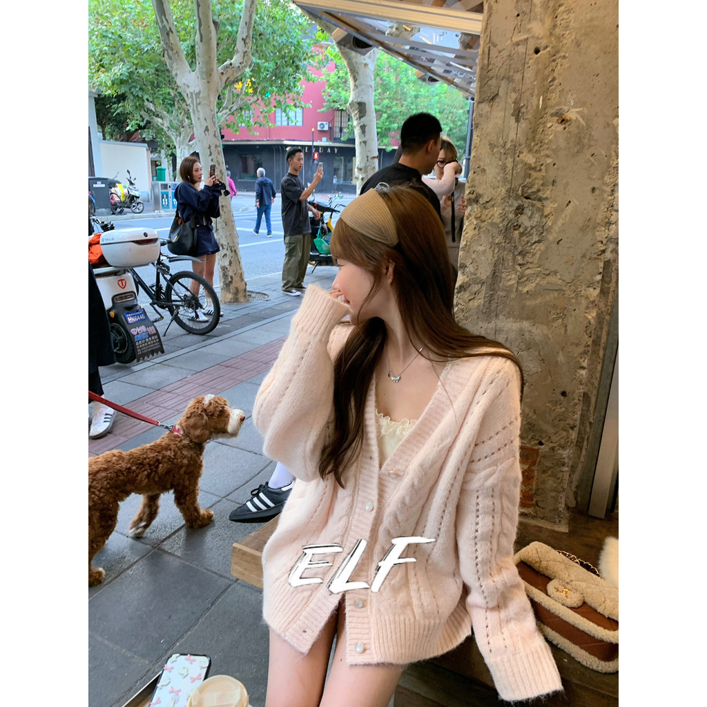 เสื้อแจ็คเก็ตคาร์ดิแกนผู้หญิง สไตล์เกาหลี แขนบิดยาว สีชมพู