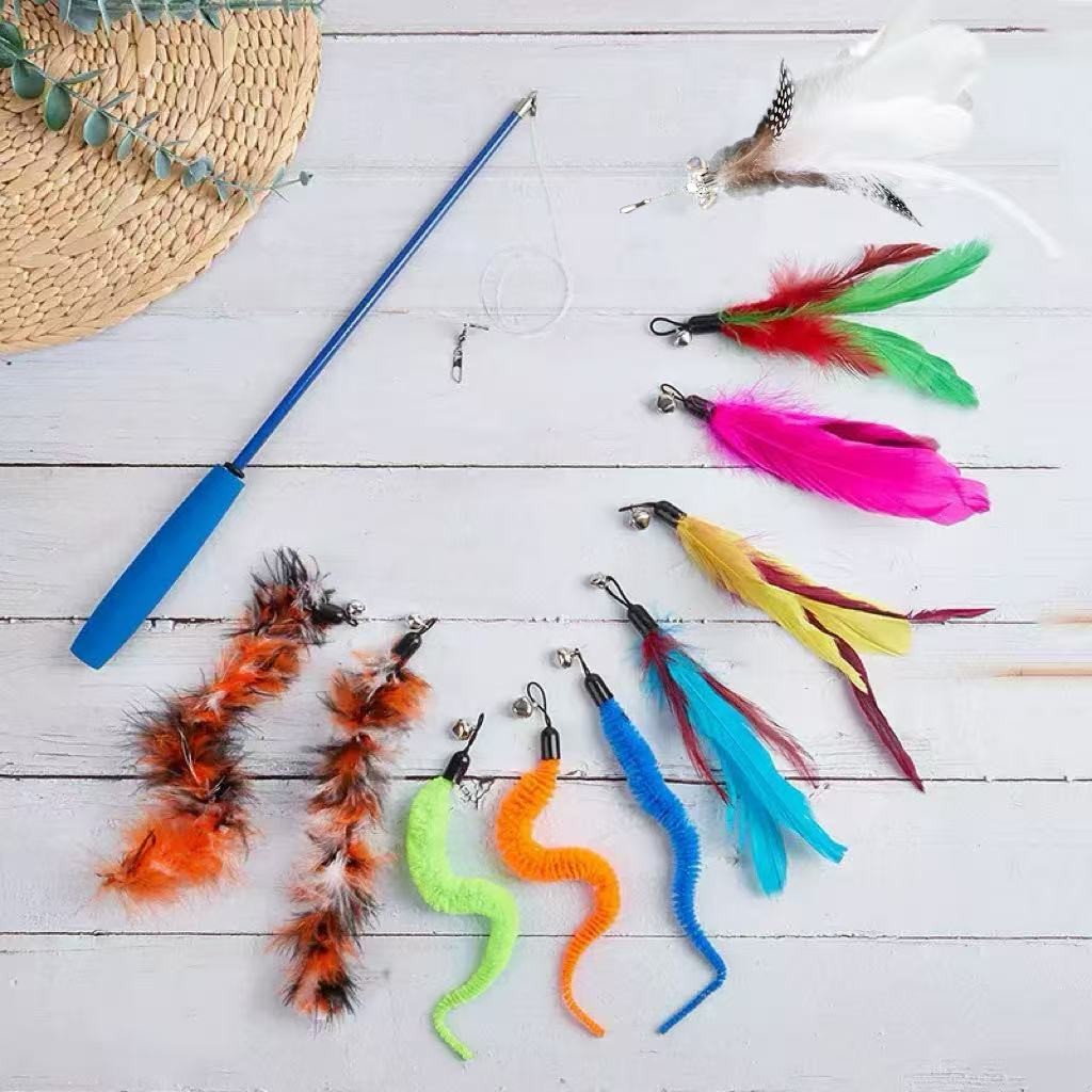 สัตว์เลี้ยงแมวของเล่นเปลี่ยนหัวTelescopic Teasing Rod Caterpillar Pearl Feather Teasing Stickอุปกรณ์สัตว์เลี้ยงขายส่ง