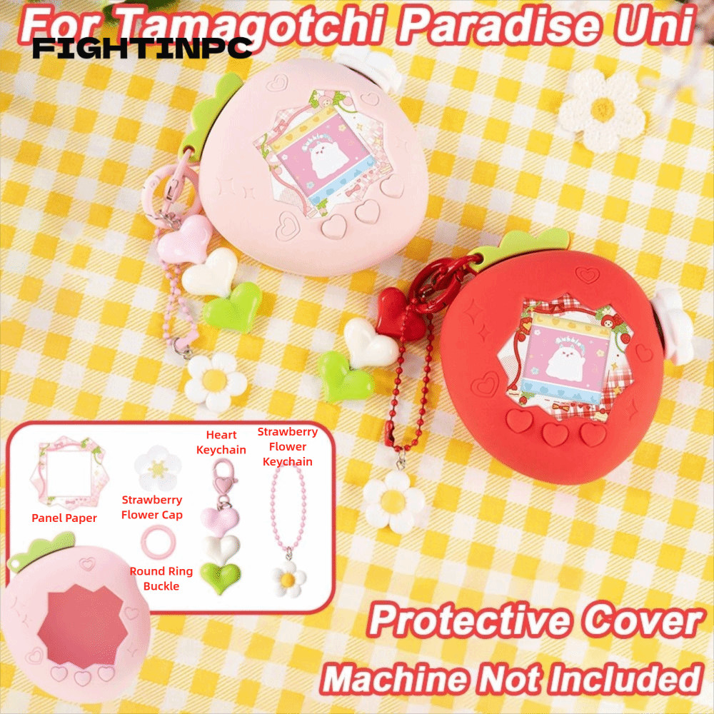 ฝาครอบป้องกัน FIGHTINPC, เคสซิลิโคนสีแดงสีชมพูสตรอเบอร์รี่, ฝาครอบลูกบิดพร้อมแผงจี้กระดาษป้องกันสําหรับ Tamagotchi Paradise Uni