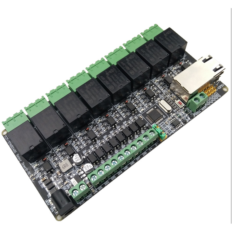 Modbus rtu รีเลย์เครือข่าย 8 ช่อง 8 ช่องอินพุตปริมาณ TCPIP RJ45 485 สํารอง IO