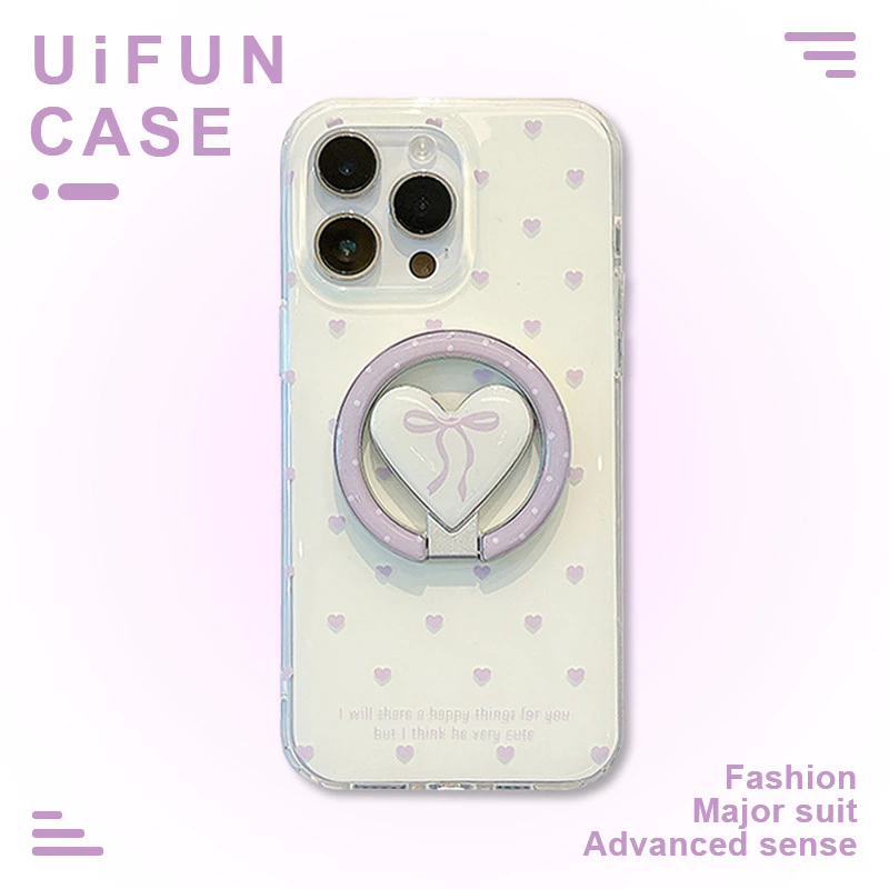 INS สีม่วงผีเสื้อ Knot รูปหัวใจพับวงเล็บเคสโทรศัพท์สําหรับ iPhone 17 16 15 14 Pro Max 13 ป้องกันฝุ่น IMD Magnetic Mobile Casing