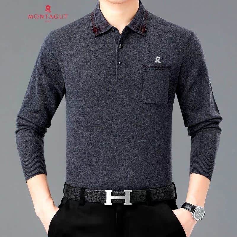 ของแท้ Montagut ร้านเรือธงอย่างเป็นทางการเสื้อยืดแขนยาว 2022 ฤดูใบไม้ร่วงธุรกิจสบายๆพ่อสวมแคชเมียร์ข