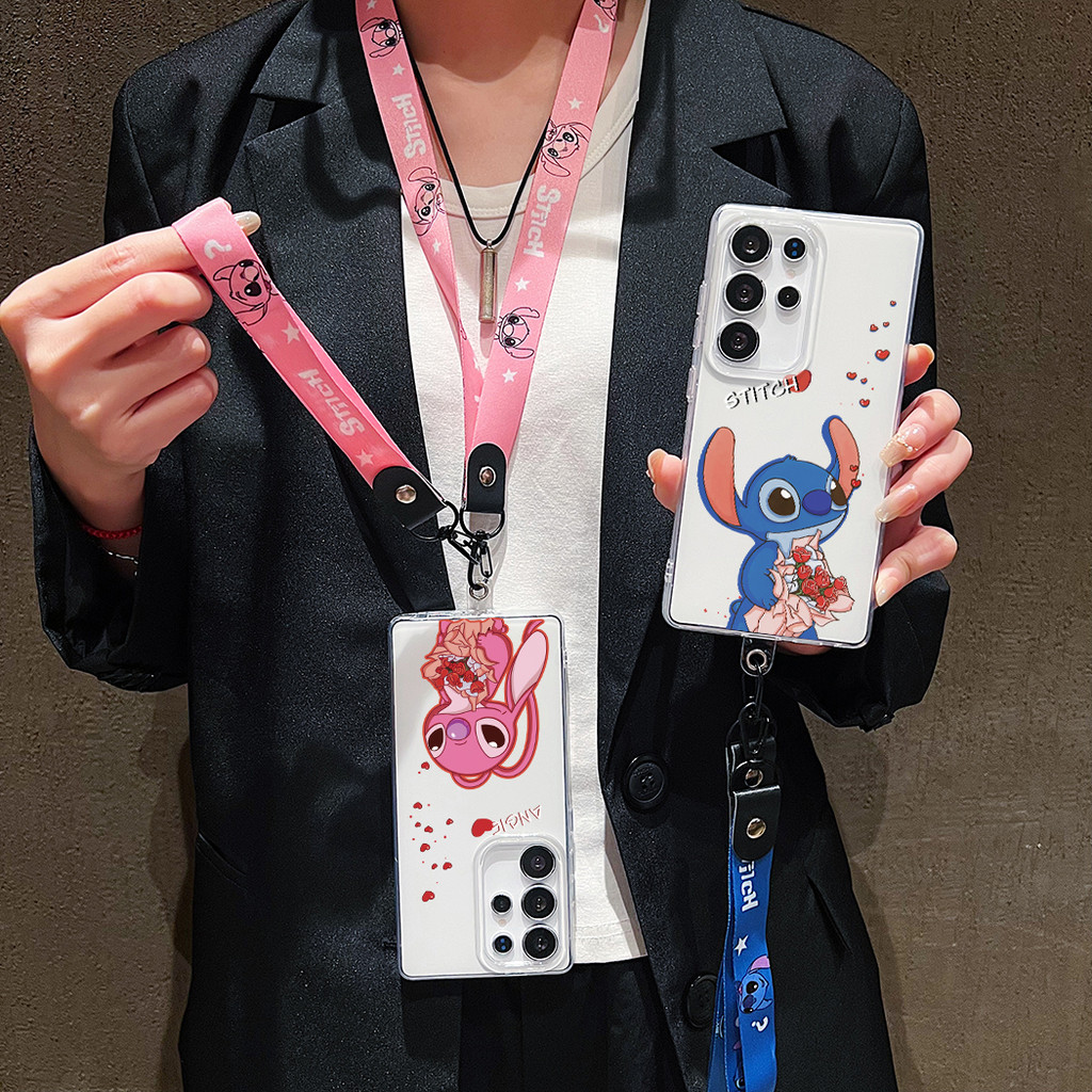 Kawaii การ์ตูน Lilo Stitch IMD Soft TPU สําหรับ iPhone 16E 14 15 Plus Pro Max สายคล้องมือพร้อมเชือกค