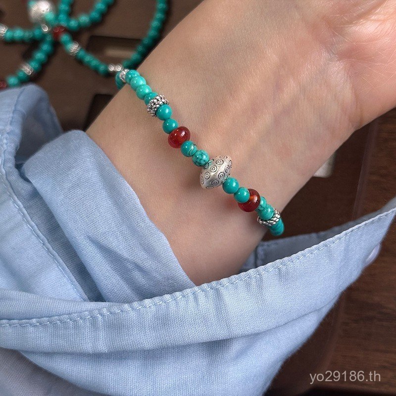 Turquoise เชือกยืดหยุ่นเงินสเตอร์ลิงสร้อยข้อมือสไตล์จีน 925 แฟชั่น Classy มือเครื่องประดับแผ่นลูกปัด