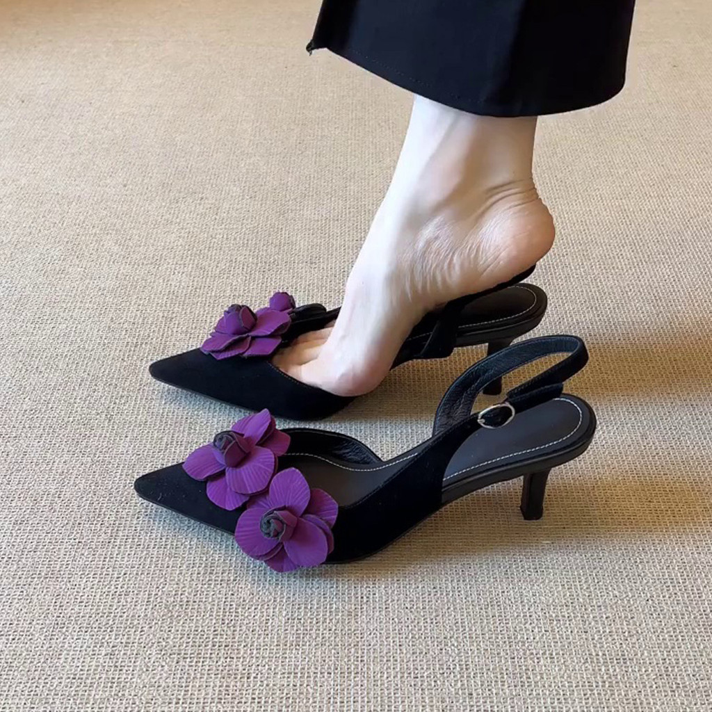 เกาหลี ส้นสูง รองเท้า poise kyda รองเท้า รองเท้าส้นสูงหัวแหลมลายดอกไม้สวยสไตล์ฝรั่งเศส