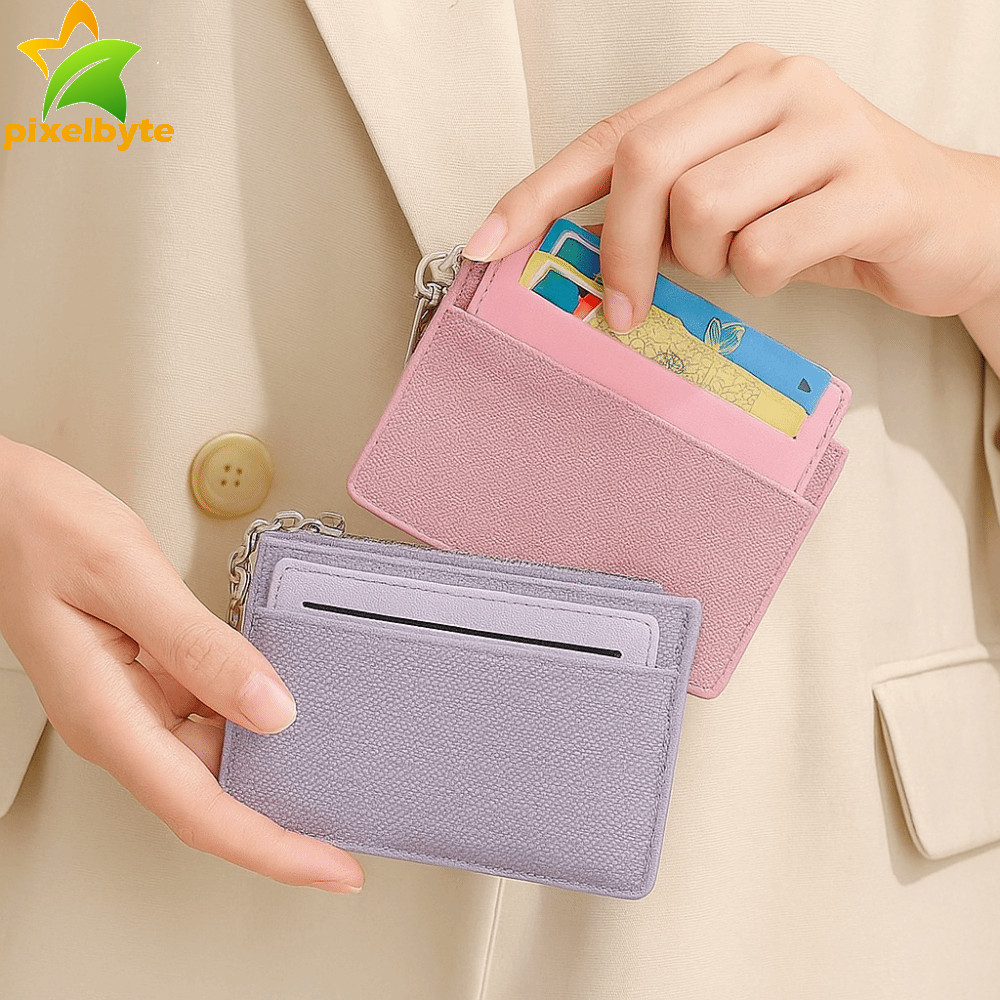 PIXELBYTE PU Card Holder, Thin Pu Leather Womens Short Wallet, Fashion with Keychain Solid Color Mul