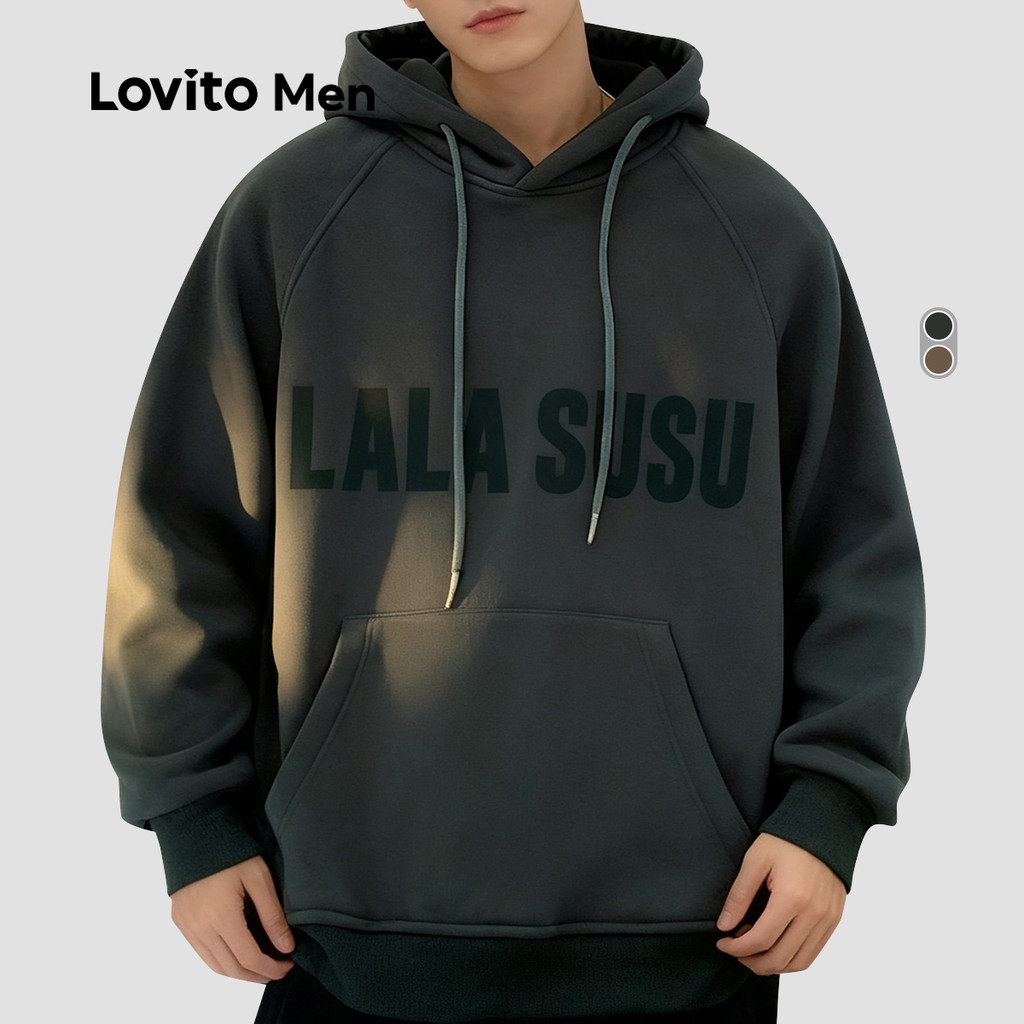 Lovito เสื้อกันหนาวแขนยาวแบบสบาย ๆ สำหรับฤดูใบไม้ร่วง/ฤดูหนาว สีแดง น้ำตาล สำหรับผู้ชาย LNE122036