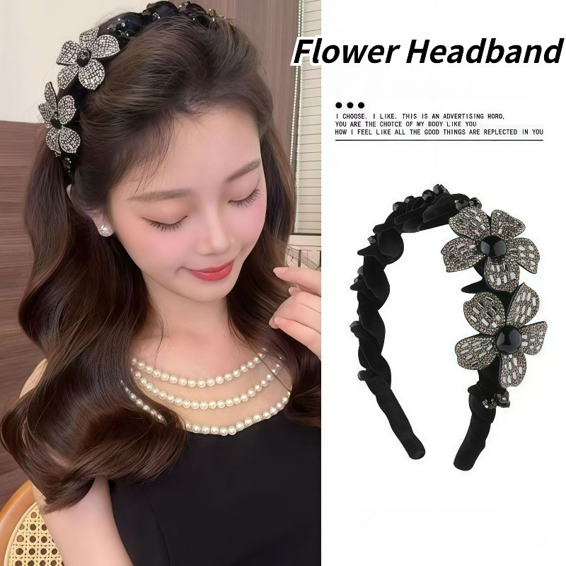 ที่คาดผมสีดำลายดอกไม้ กับพลอยเทียม พร้อมสายตาข่ายและฟันยางเพื่อกันลื่นสำหรับผู้หญิง