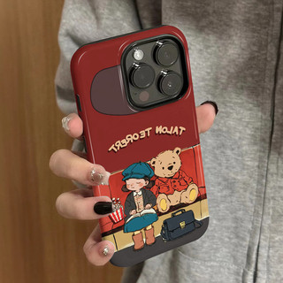 สาวและหมีน้อย Art เหมาะสําหรับ iPhone Hard Shell 2 ใน 17AIR 11 15ProMax 7 8Plus 14 16ProMax XS XR 13ProMax 17ProMax 16Plus 12ProMax 15Pro Matte เคสโทรศัพท์